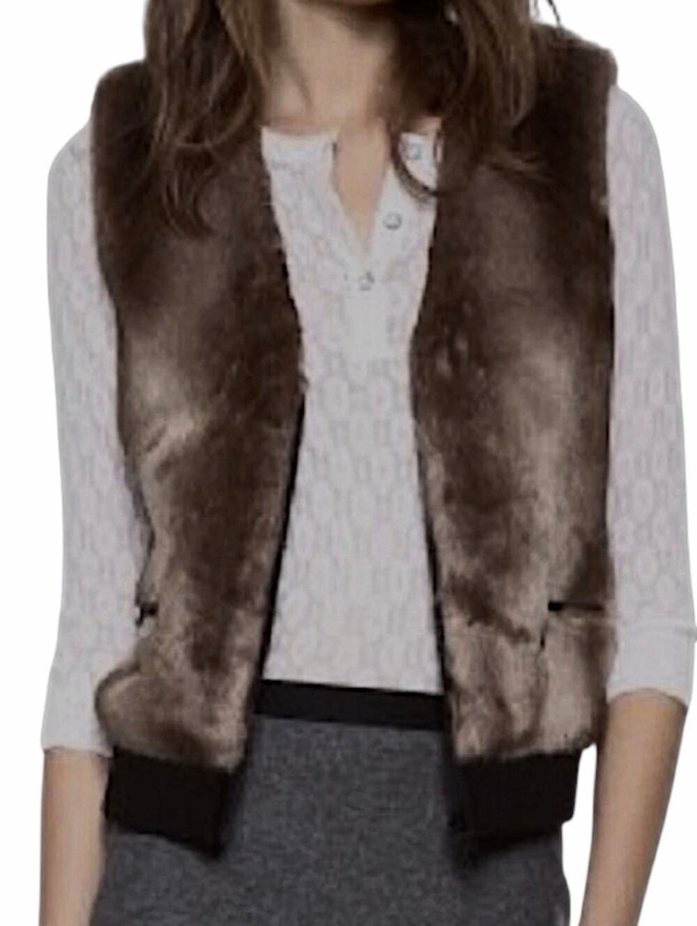 Club Monaco Natasha Faux Fur Bomber Vest Women's Large Brown Soft Sporty Layer
